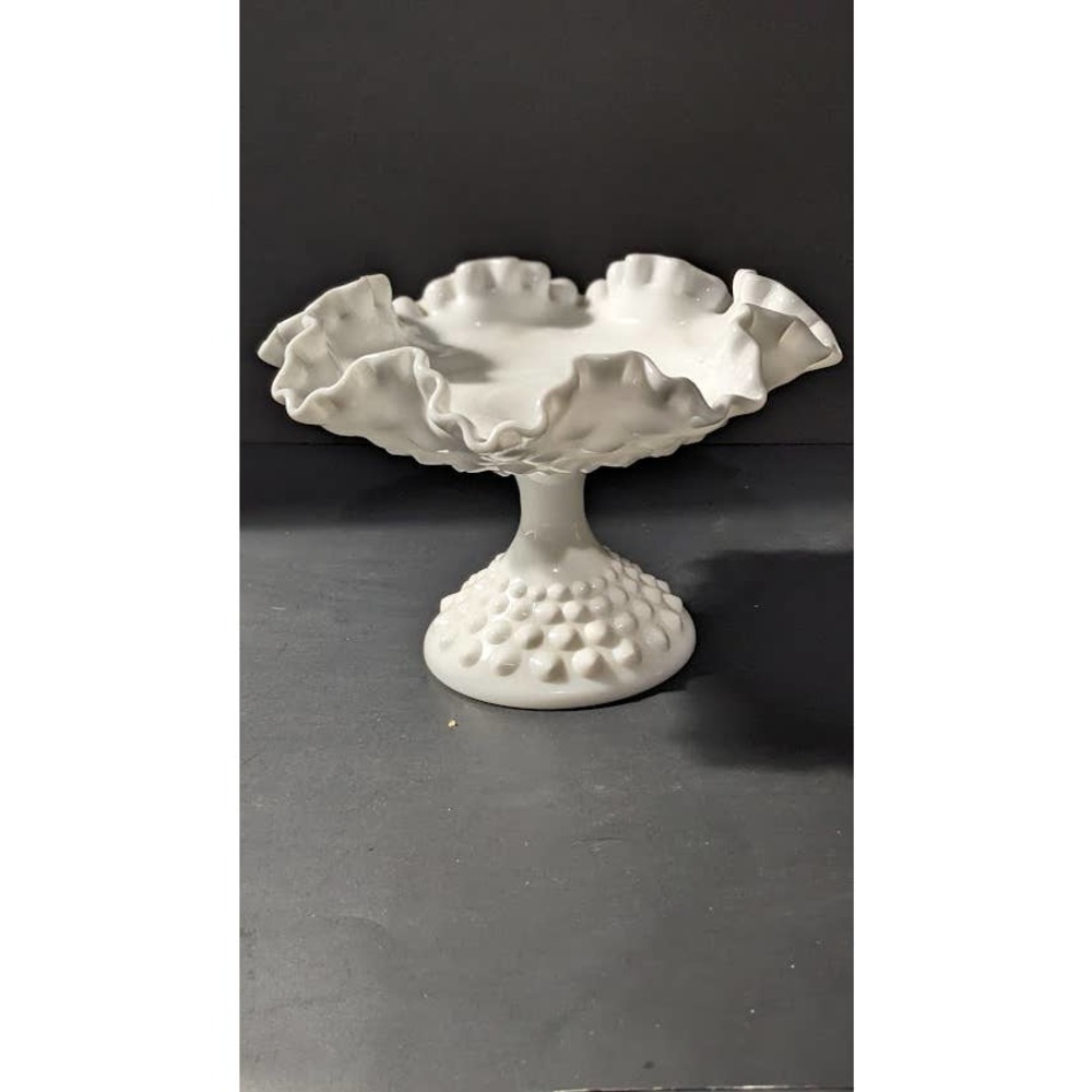 Vintage Fenton Glass Hobnail Milk Glass Ruffled and Crimped Compote.
